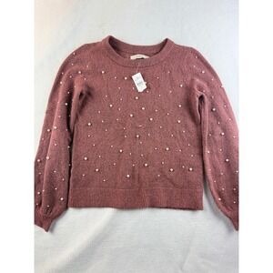 LOFT Women's XS Pearl Embellished Sweater Mauve Pink Crew‎ Neck Long Sleeve